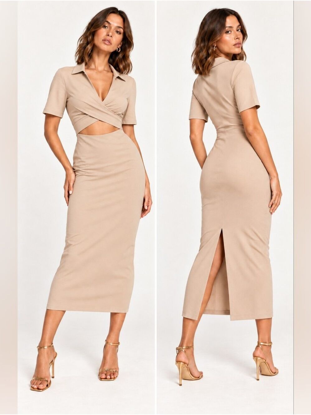 ASOS Design Collar Twist Front Midi Dress Cut Out Sand Size 6 Tan NWT